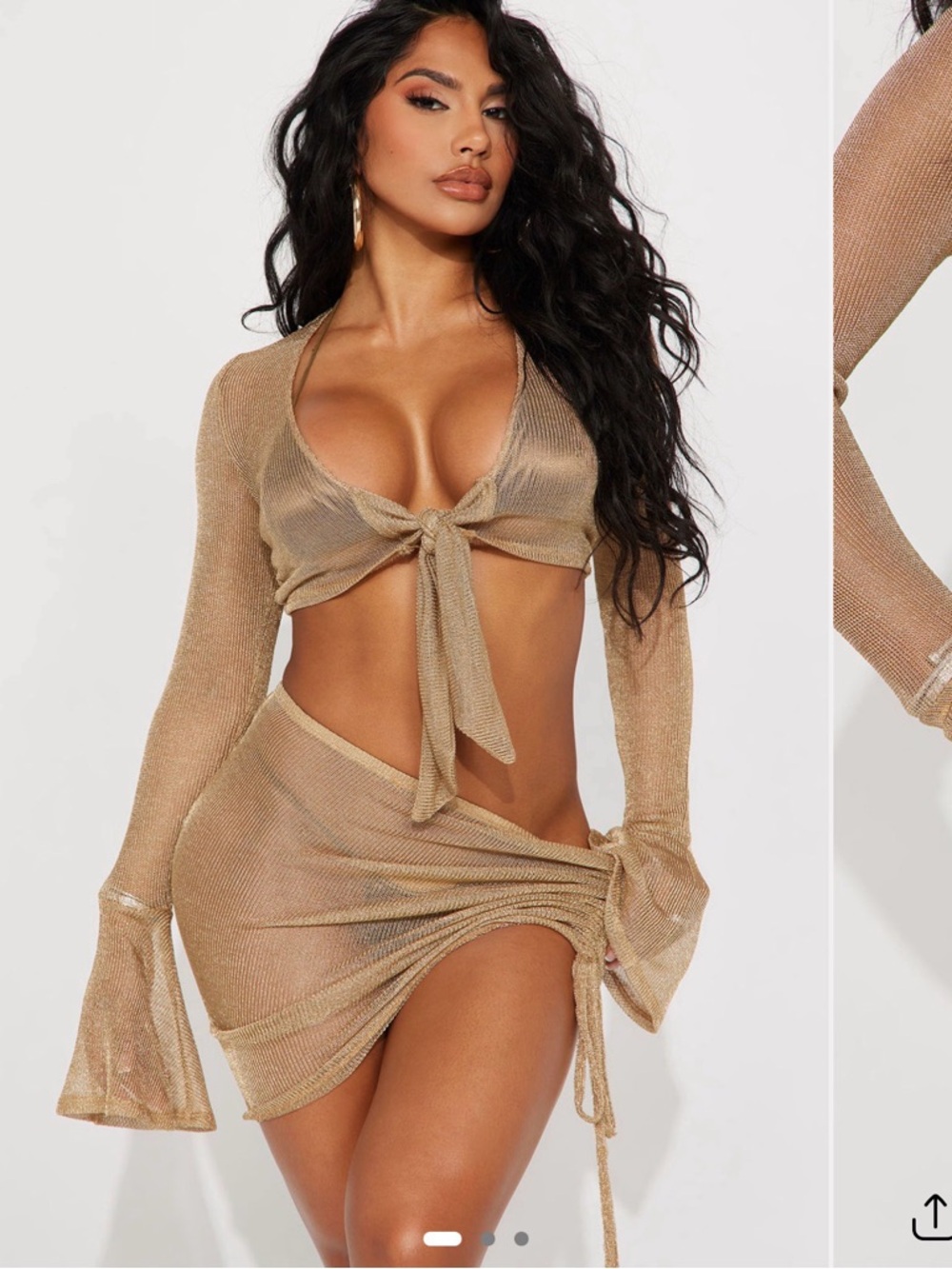 Metallic Gold Tie-Front Crop Top & Skirt Set